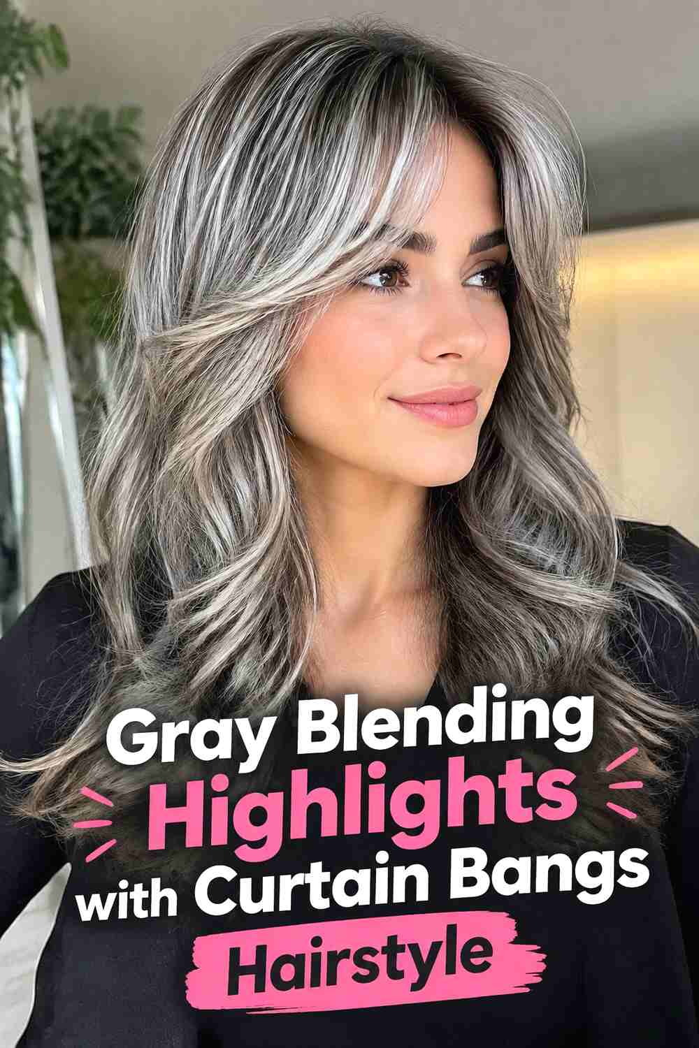 12. Gray Blending Highlights With Curtain Bangs Hairstyle
