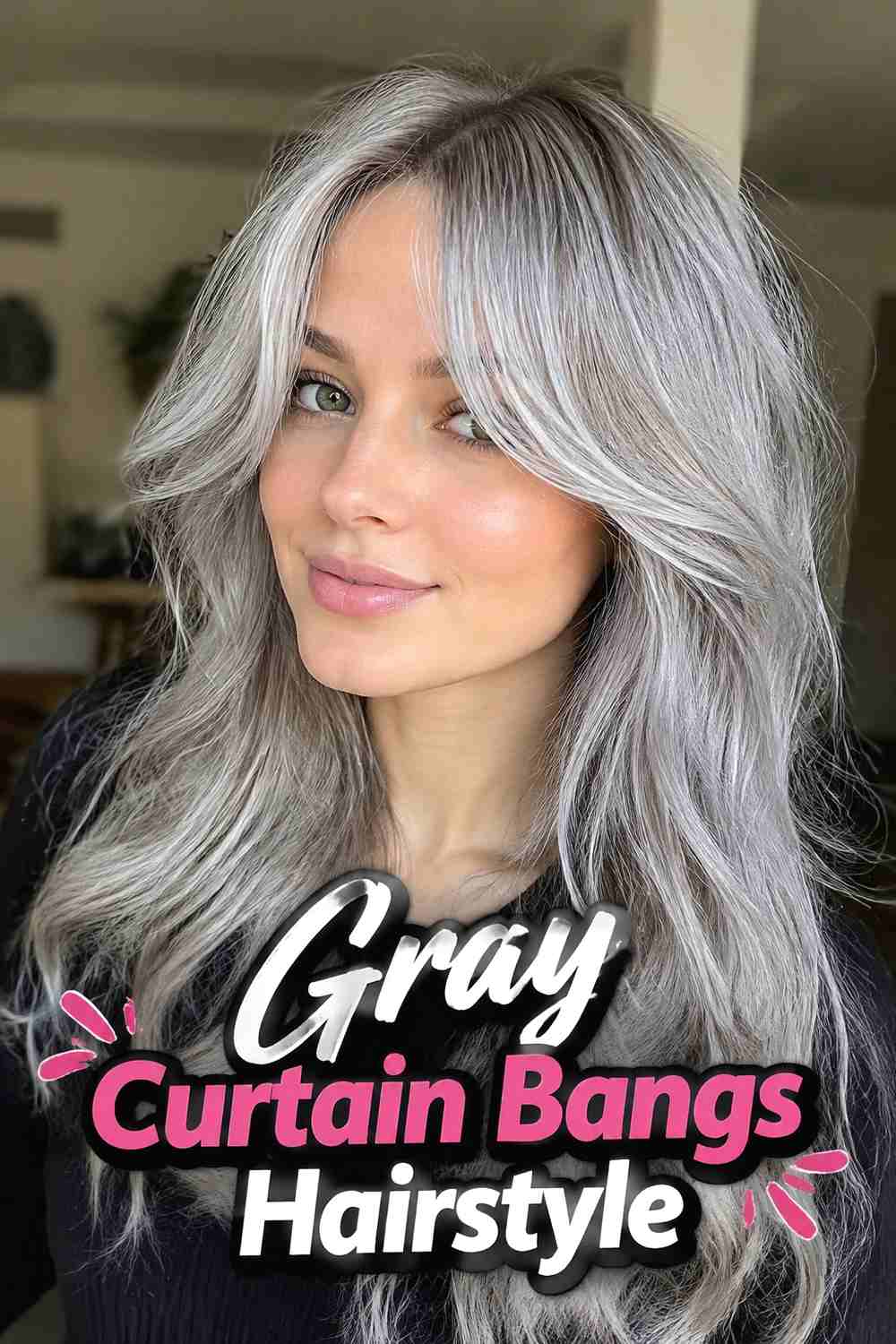 8. Gray Curtain Bangs Hairstyle