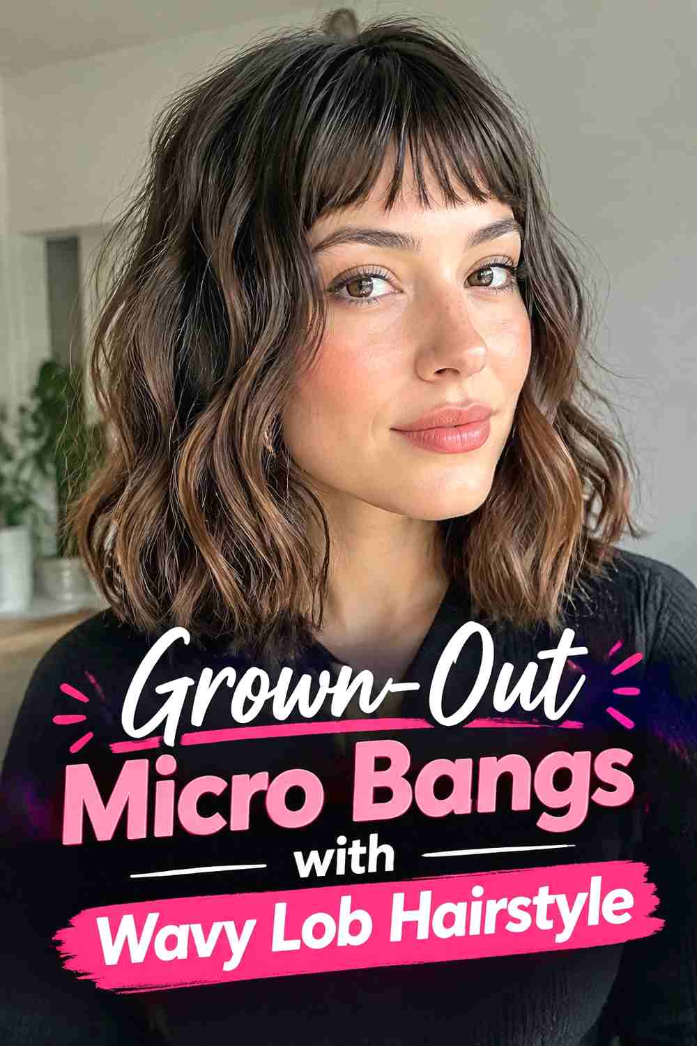 7. Grown Out Micro Bangs With Wavy Lob Hairstyle