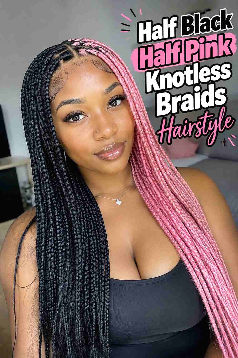 4. Half Black Half Pink Knotless Braids Hairstyle