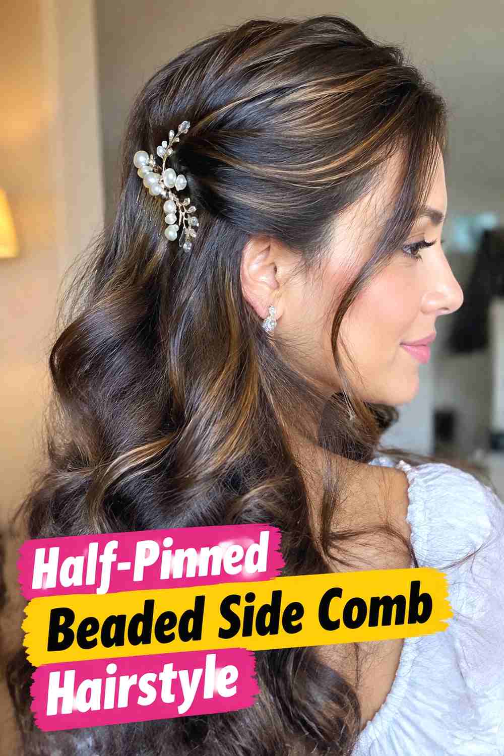12. Half Pinned Beaded Side Comb Hairstyle