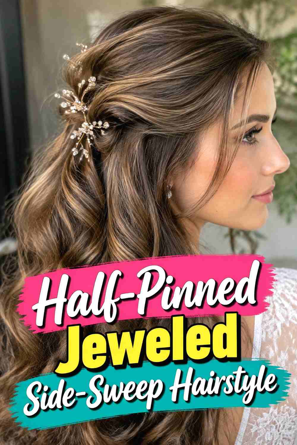 12. Half Pinned Jeweled Side Sweep Hairstyle