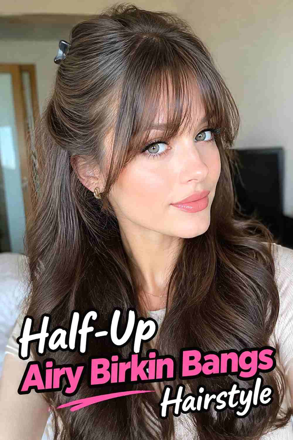 12. Half Up Airy Birkin Bangs Hairstyle