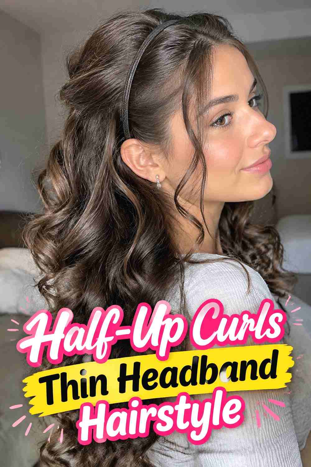 5. Half Up Curls Thin Headband Hairstyle