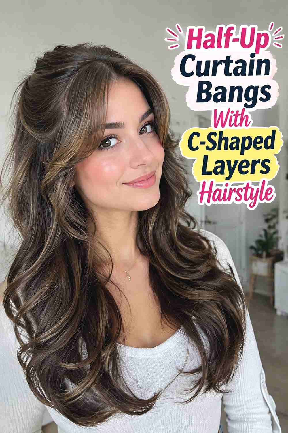 13. Half Up Curtain Bangs With C Shaped Layers Hairstyle