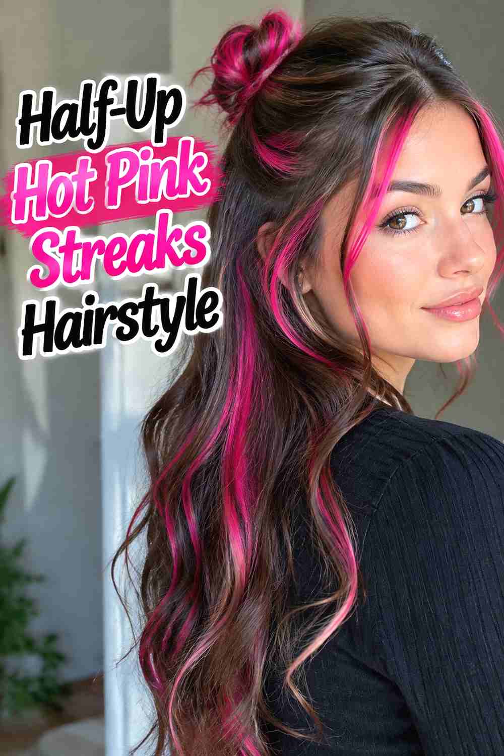 14. Half Up Hot Pink Streaks Hairstyle