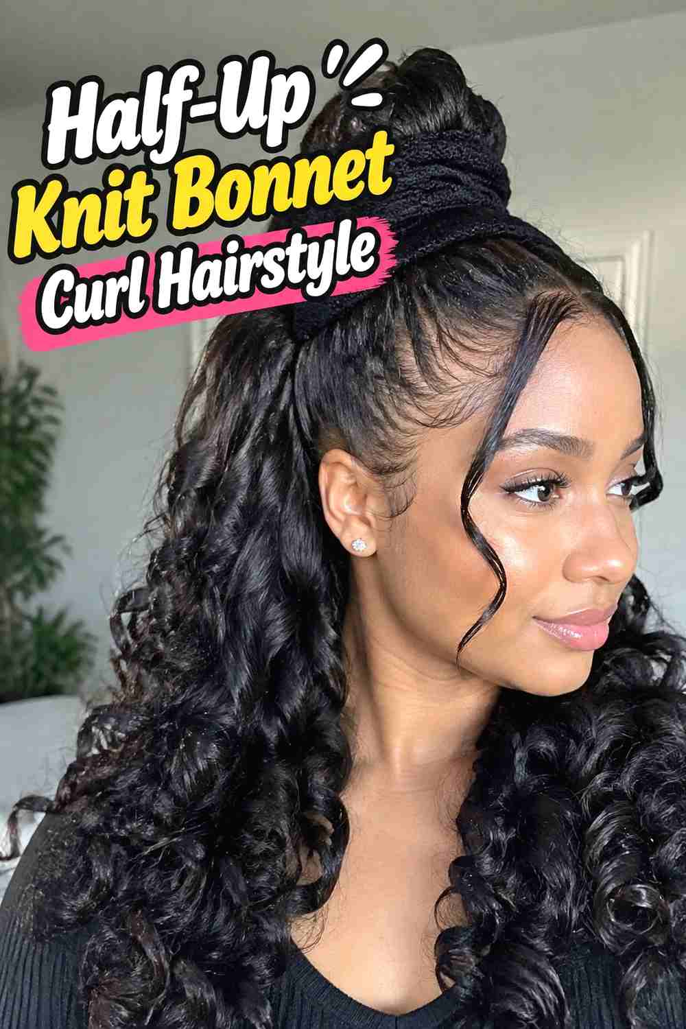 9. Half Up Knit Bonnet Curl Hairstyle