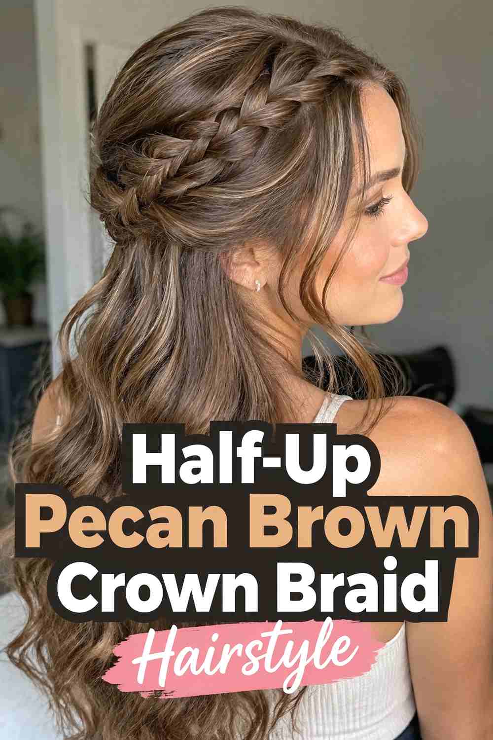 7. Half Up Pecan Brown Crown Braid Hairstyle