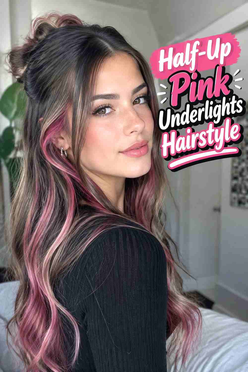 10. Half Up Pink Underlights Hairstyle