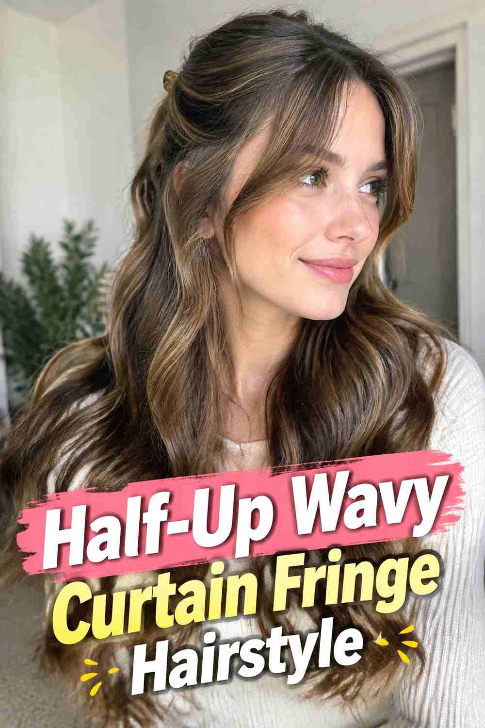 11. Half Up Wavy Curtain Fringe Hairstyle