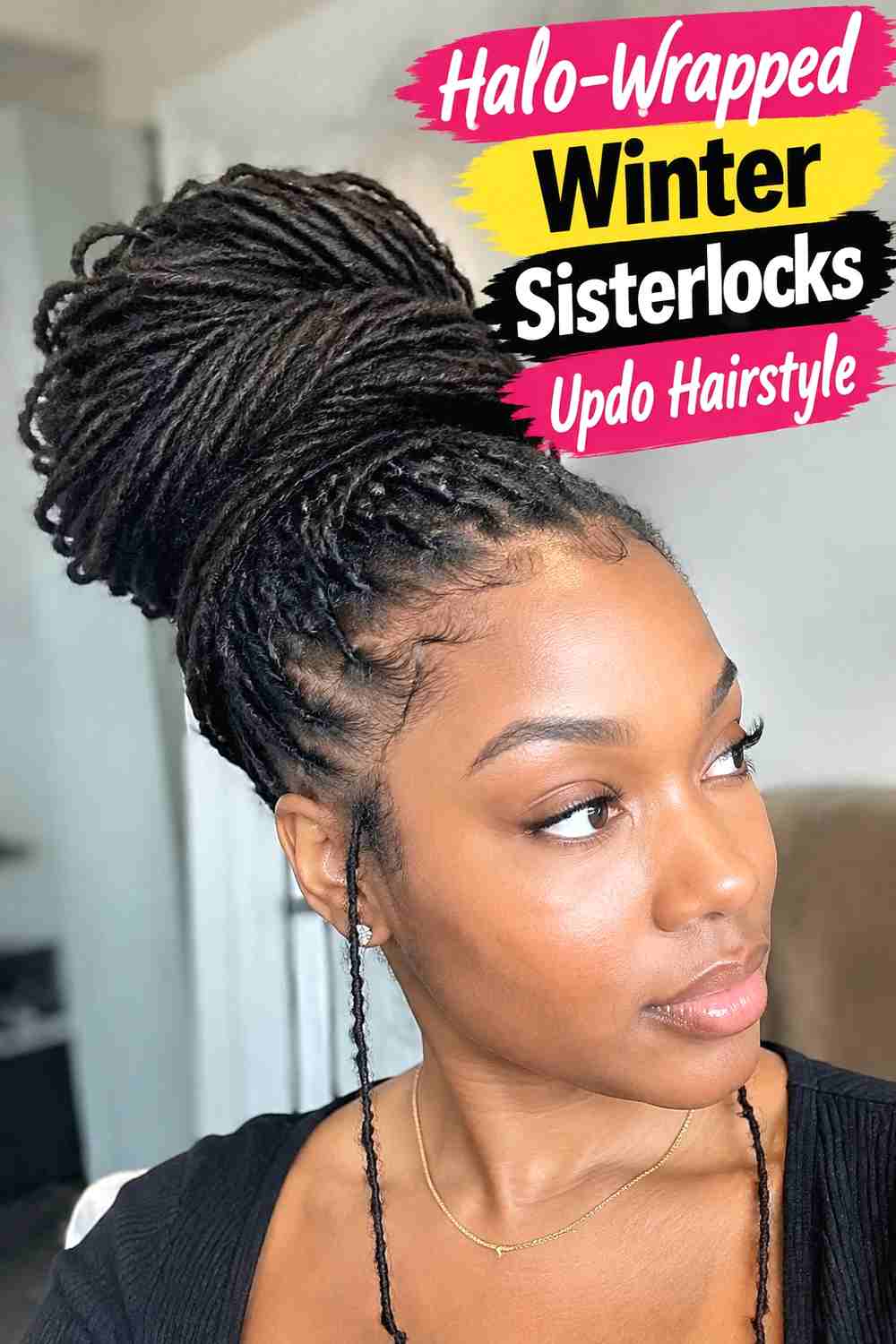 3. Halo Wrapped Winter Sisterlocks Updo Hairstyle