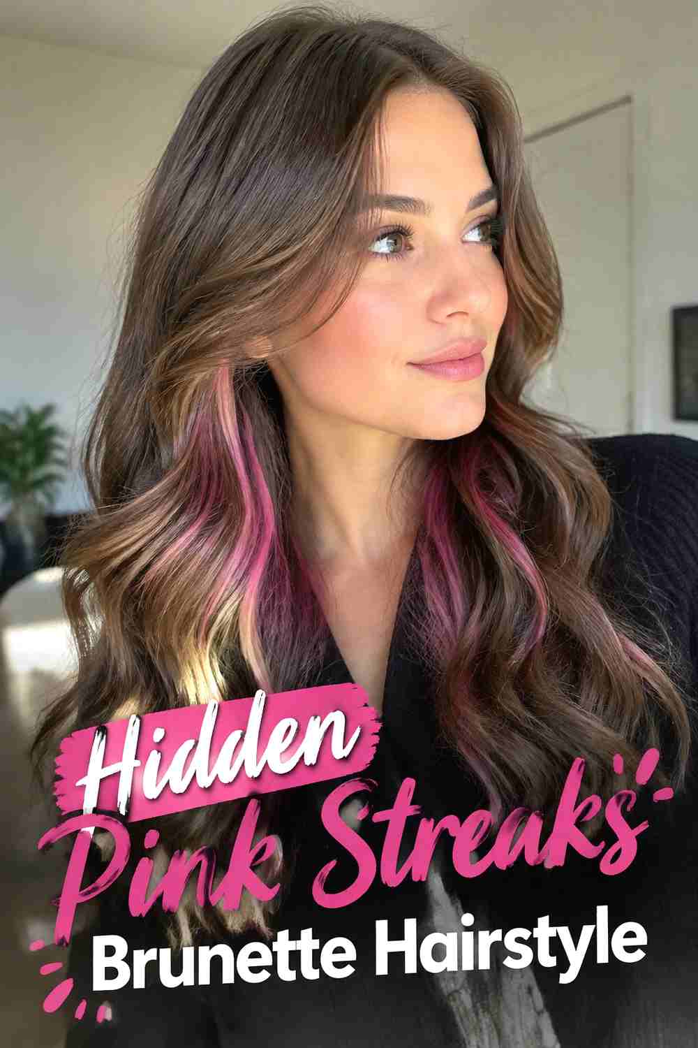 12. Hidden Pink Streaks Brunette Hairstyle