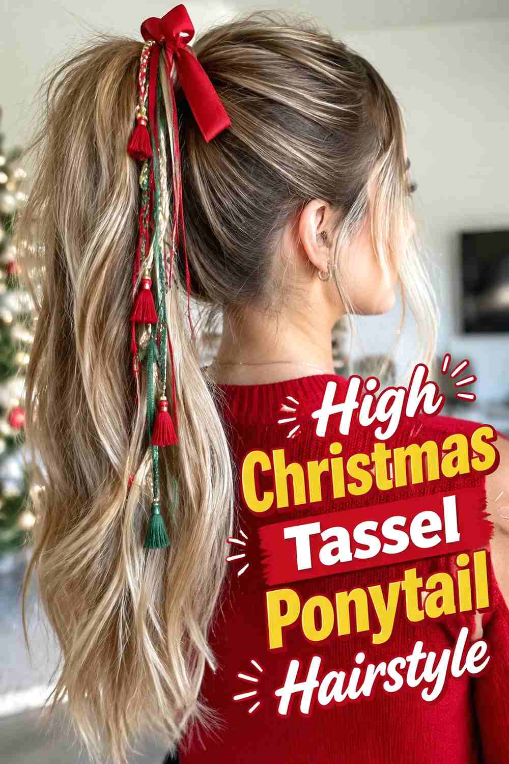3. High Christmas Tassel Ponytail Hairstyle
