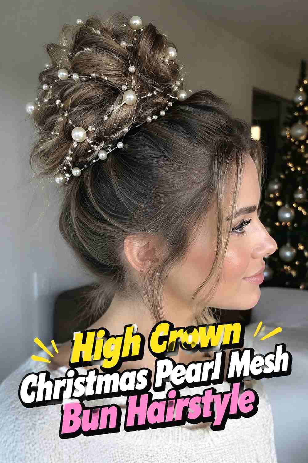 2. High Crown Christmas Pearl Mesh Bun Hairstyle