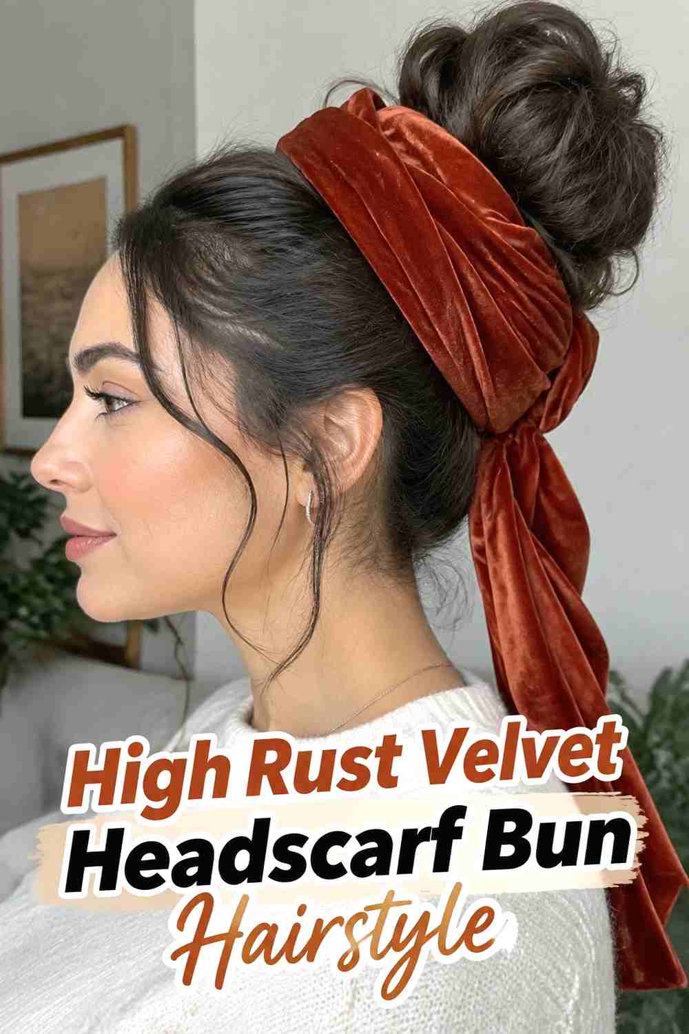 9. High Rust Velvet Headscarf Bun Hairstyle