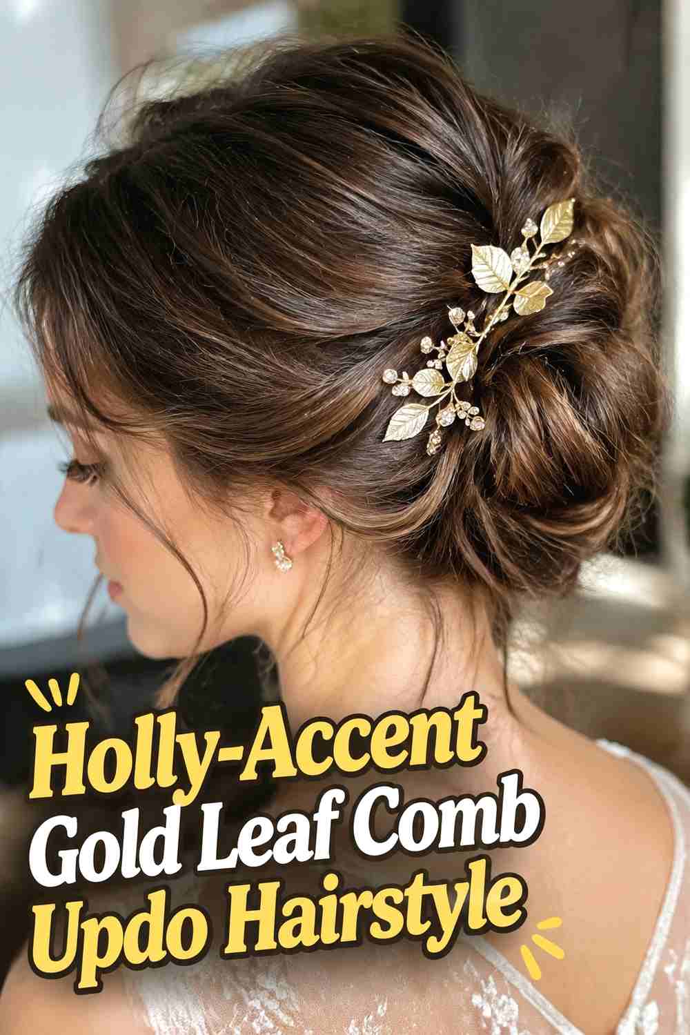 17. Holly Accent Gold Leaf Comb Updo Hairstyle