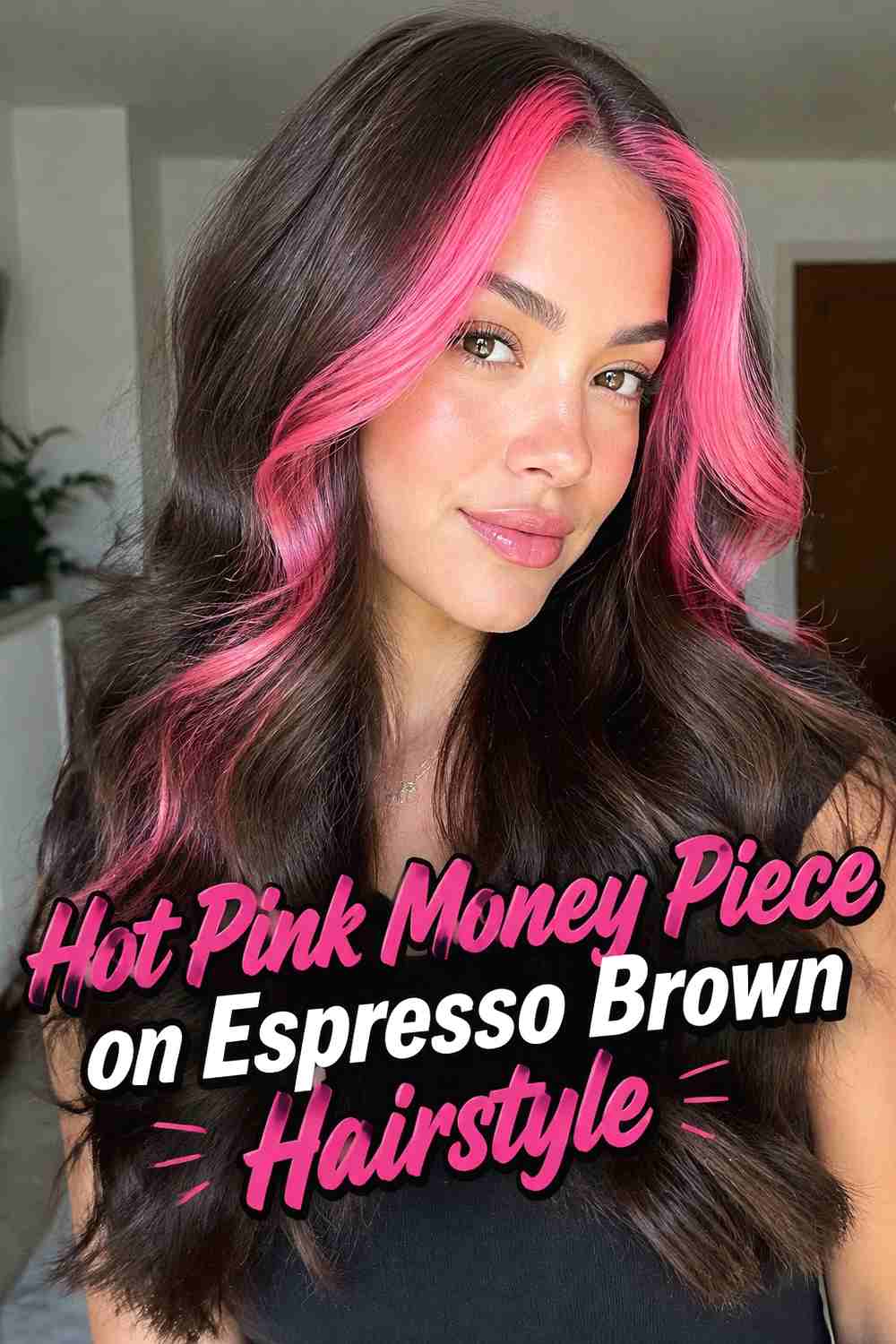 4. Hot Pink Money Piece On Espresso Brown Hairstyle