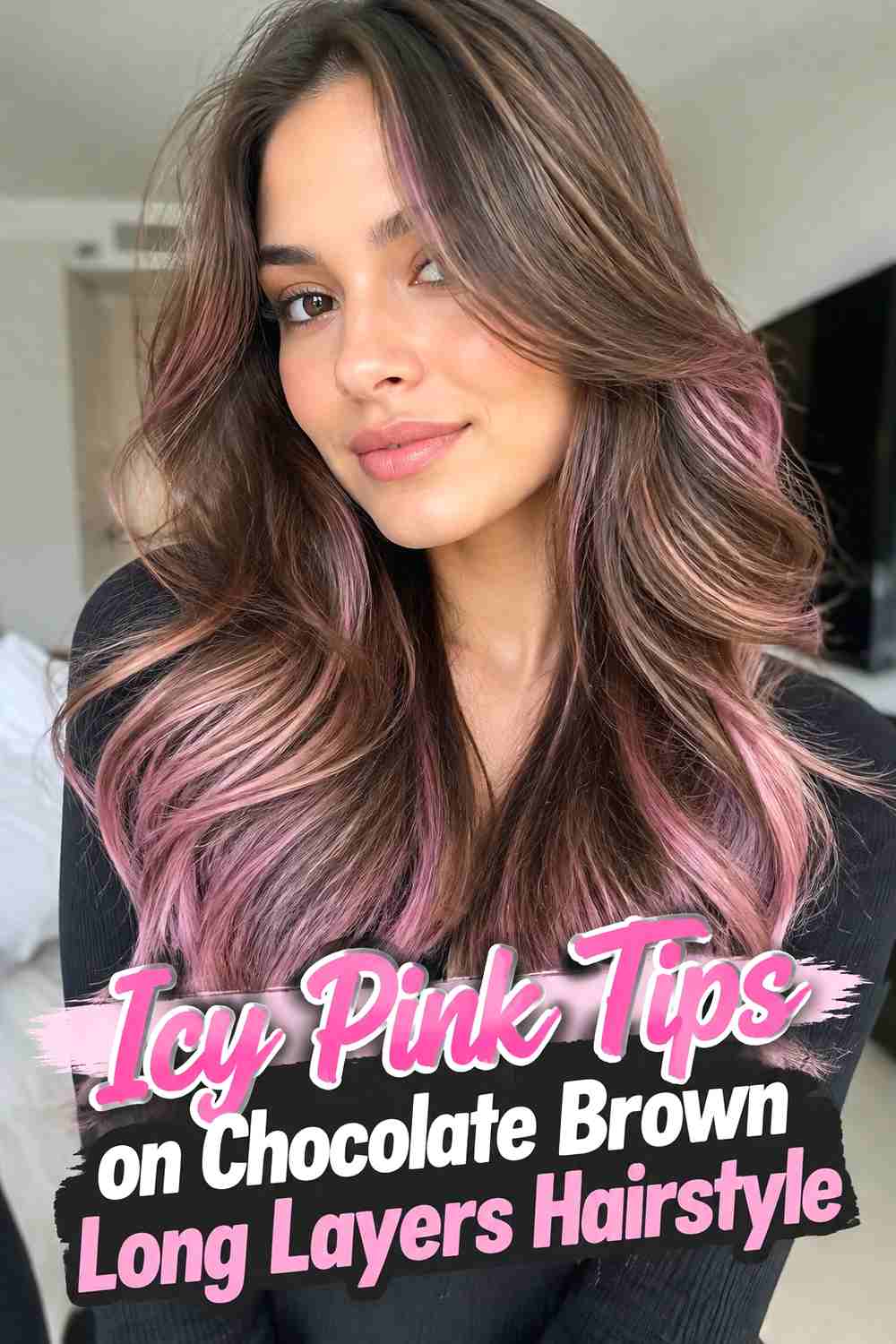 1. Icy Pink Tips On Chocolate Brown Long Layers Hairstyle