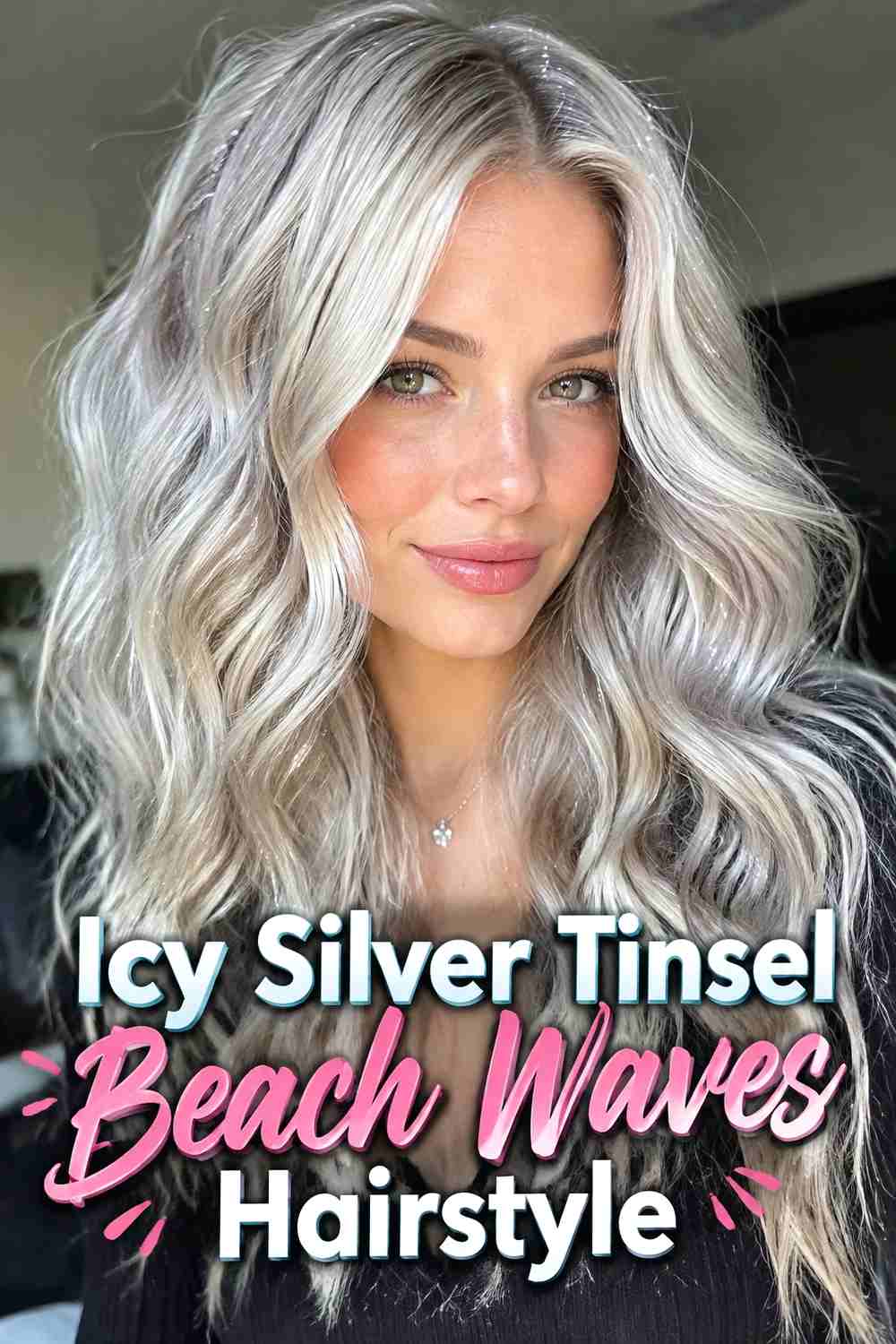 1. Icy Silver Tinsel Beach Waves Hairstyle