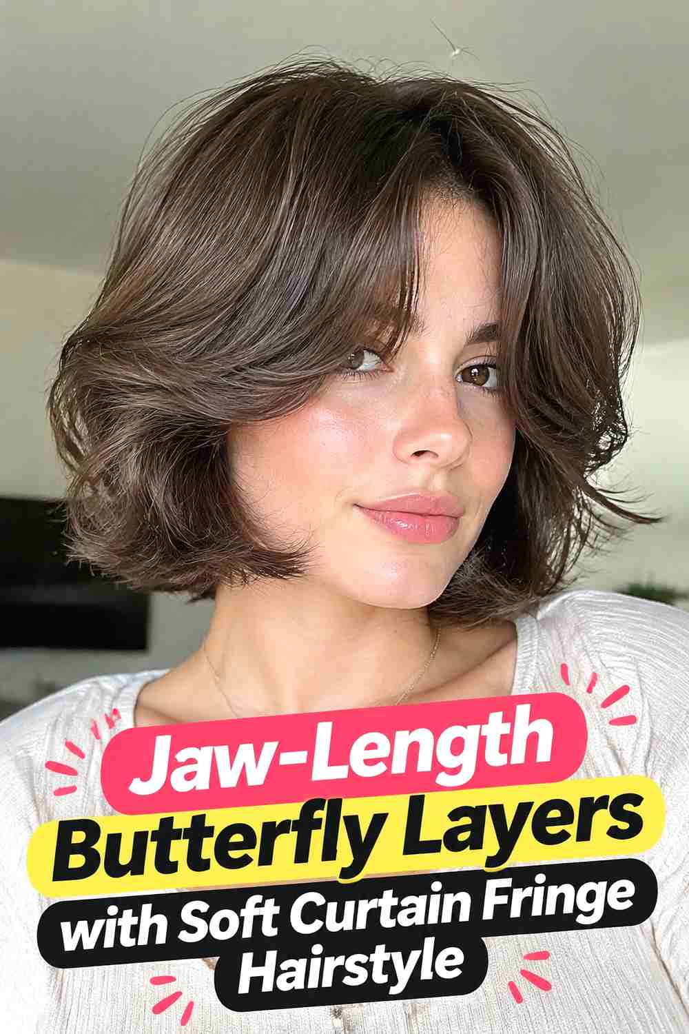 2. Jaw Length Butterfly Layers With Soft Curtain Fringe Hairstyle
