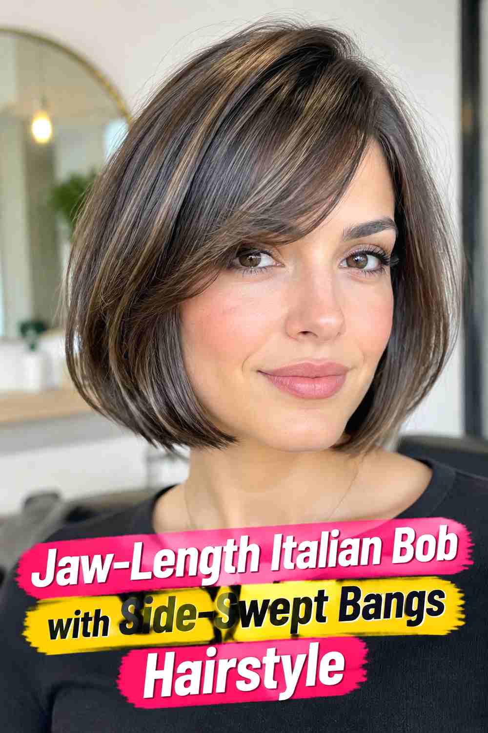 4. Jaw Length Italian Bob With Side Swept Bangs Hairstyle