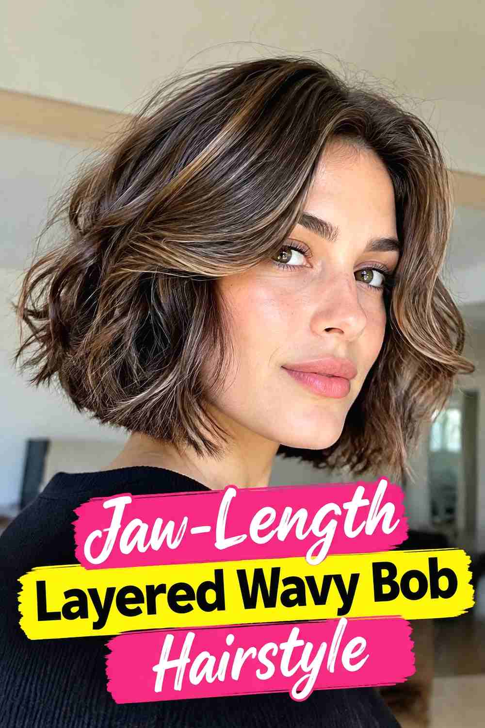 2. Jaw Length Layered Wavy Bob Hairstyle