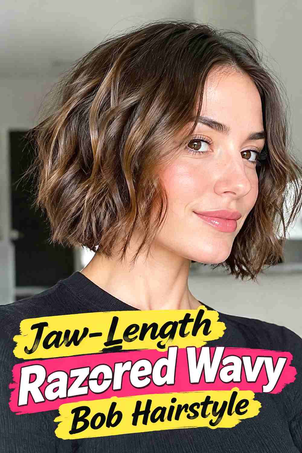 2. Jaw Length Razored Wavy Bob Hairstyle