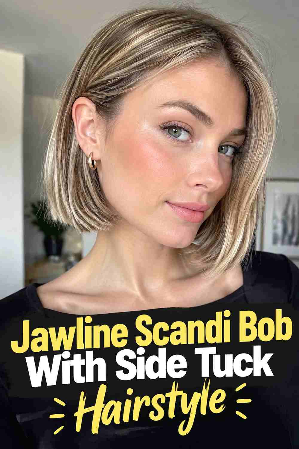 12. Jawline Scandi Bob With Side Tuck Hairstyle