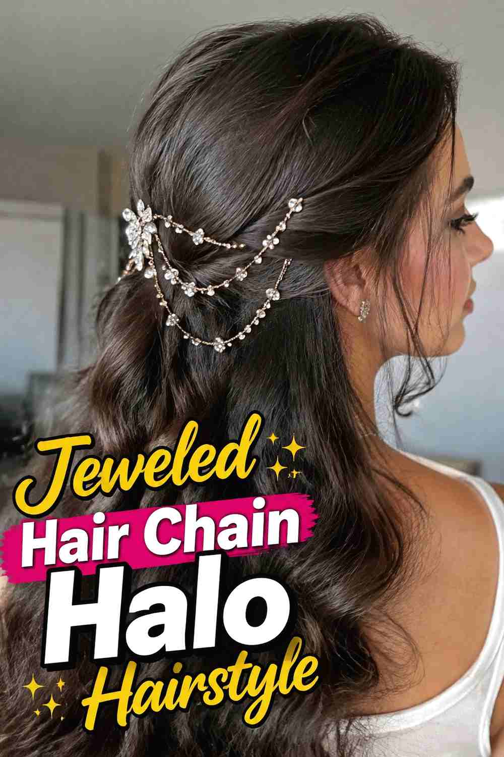15. Jeweled Hair Chain Halo Hairstyle