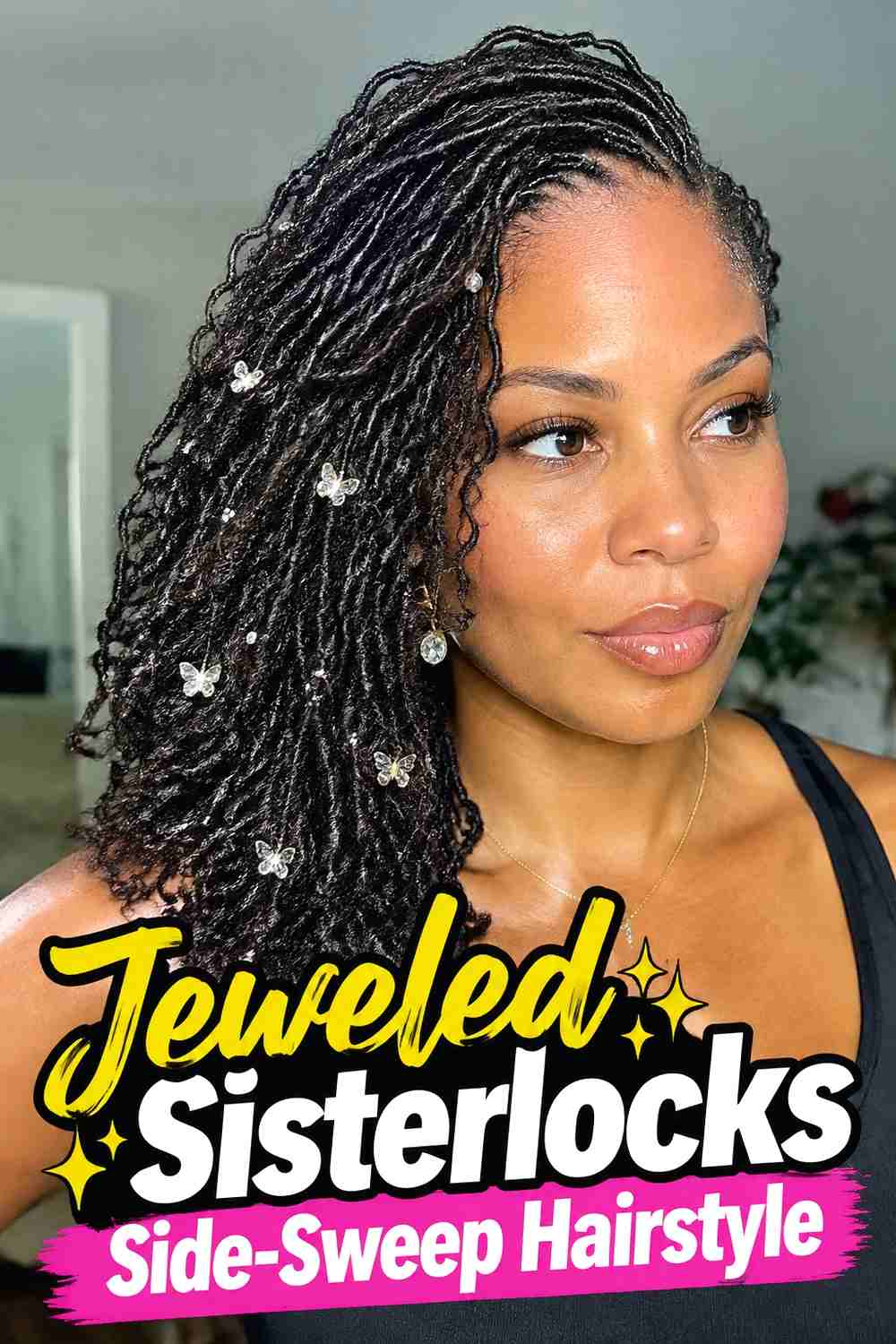 5. Jeweled Sisterlocks Side Sweep Hairstyle