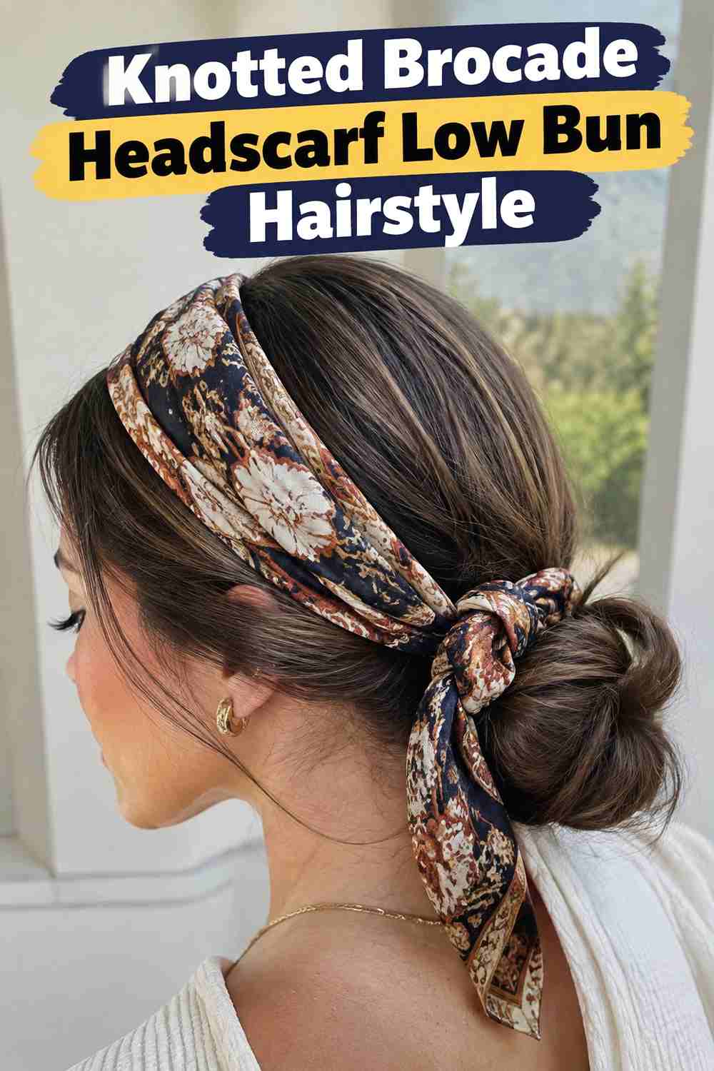 5. Knotted Brocade Headscarf Low Bun Hairstyle