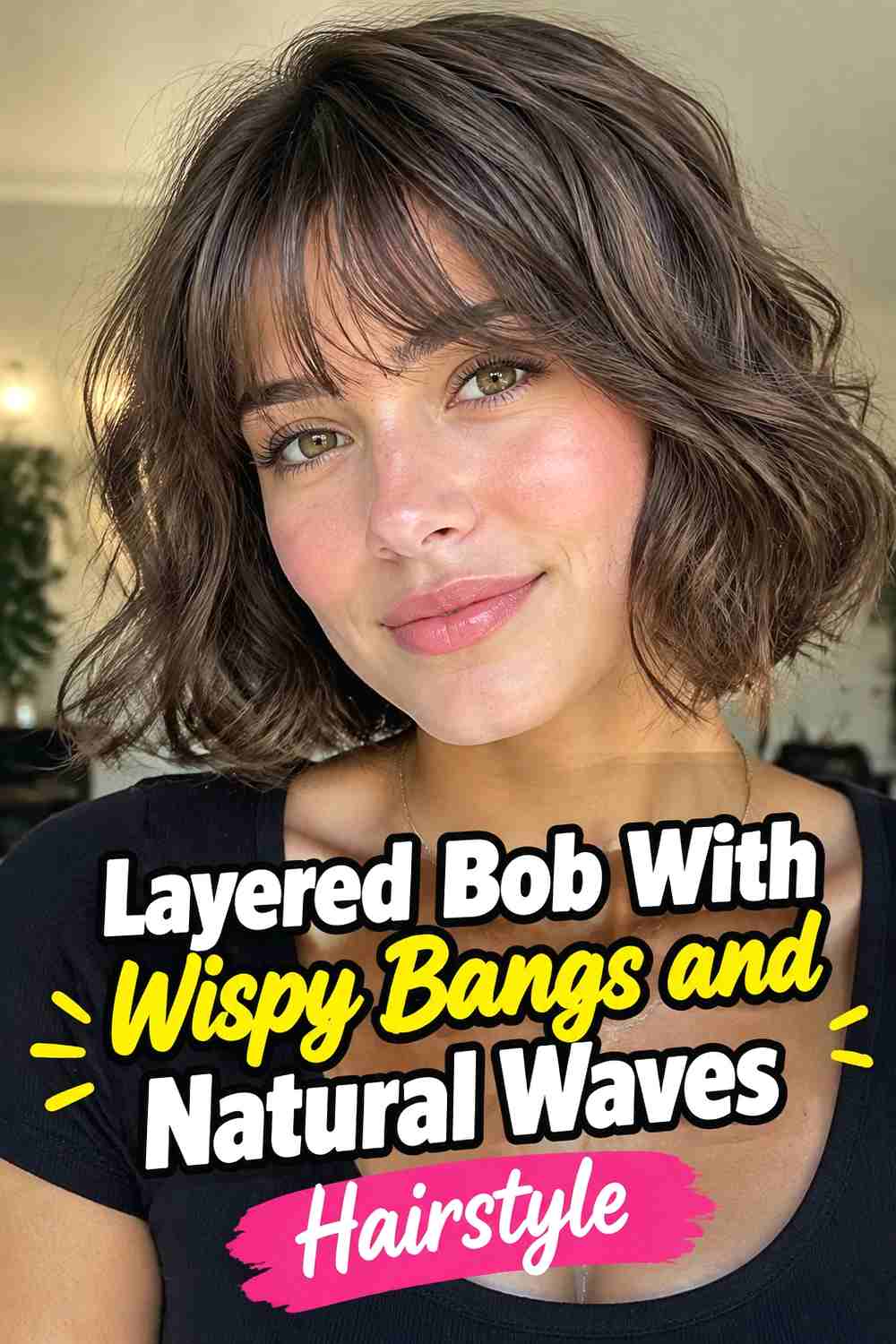 6. Layered Bob With Wispy Bangs And Natural Waves Hairstyle
