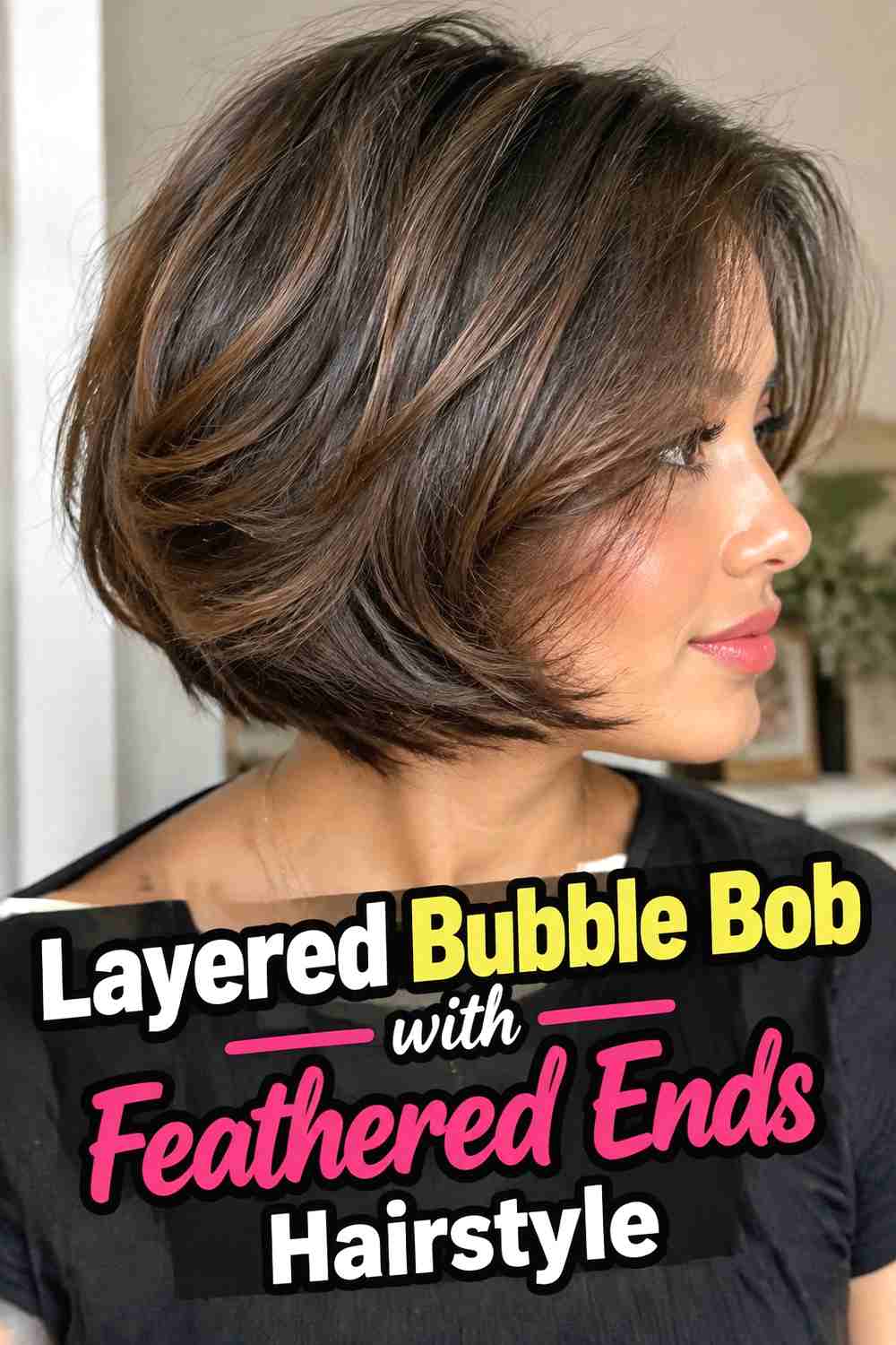 4. Layered Bubble Bob With Feathered Ends Hairstyle