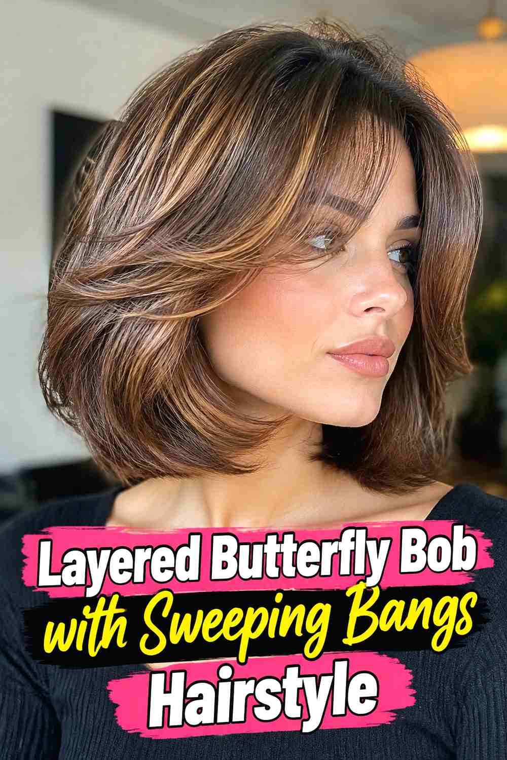 2. Layered Butterfly Bob With Sweeping Bangs Hairstyle