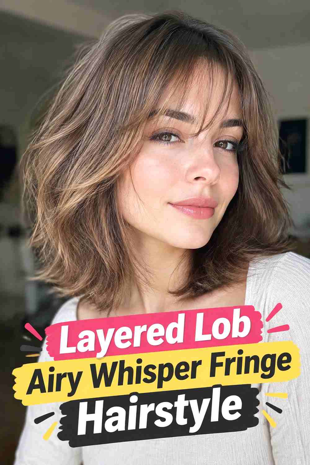 5. Layered Lob Airy Whisper Fringe Hairstyle