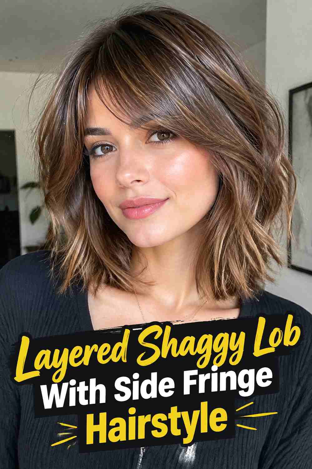 5. Layered Shaggy Lob With Side Fringe Hairstyle
