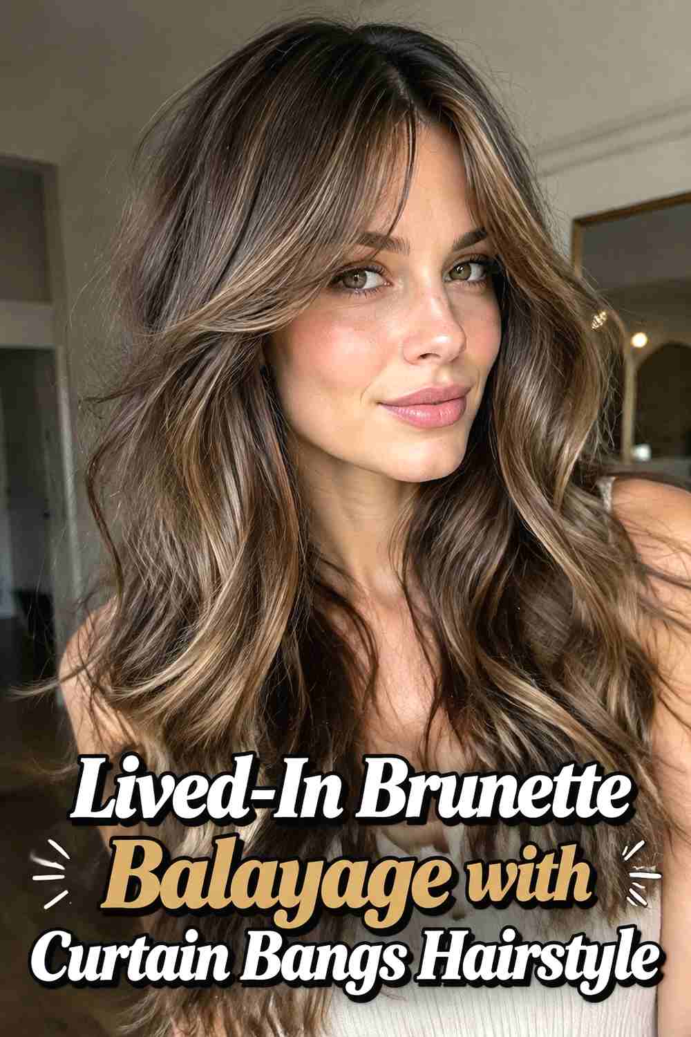 9. Lived In Brunette Balayage With Curtain Bangs Hairstyle