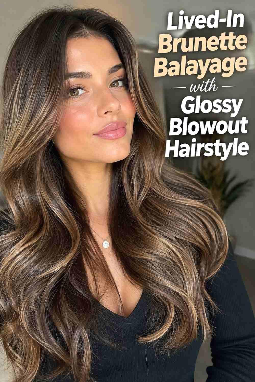 12. Lived In Brunette Balayage With Glossy Blowout Hairstyle