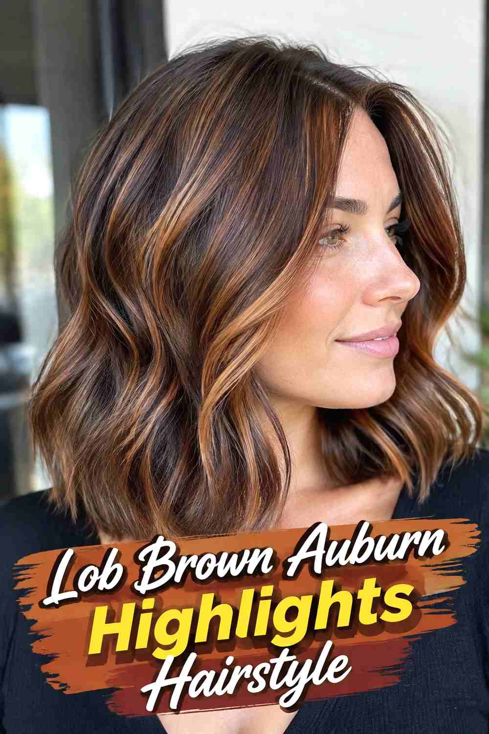 13. Lob Brown Auburn Highlights Hairstyle