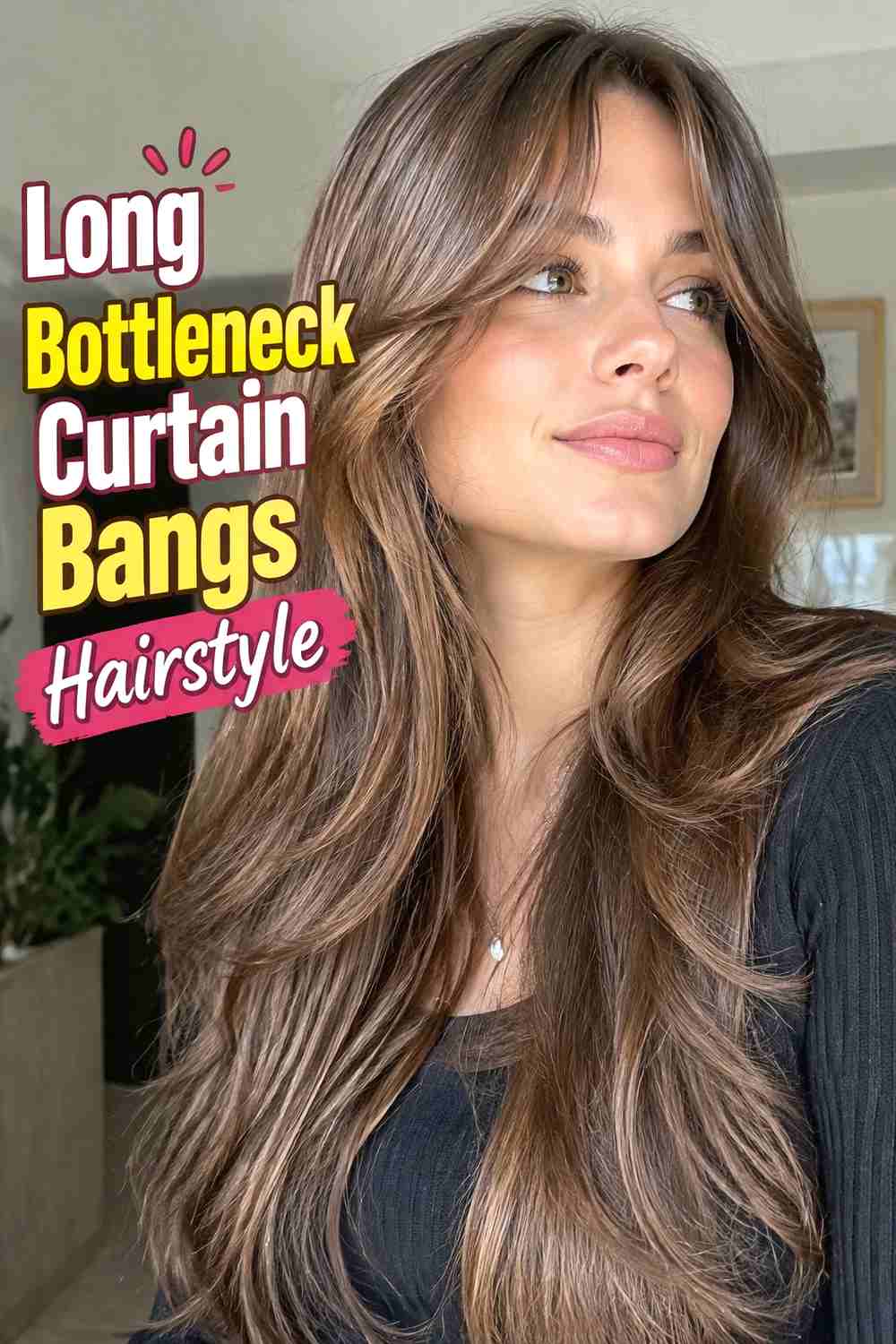 2. Long Bottleneck Curtain Bangs Hairstyle