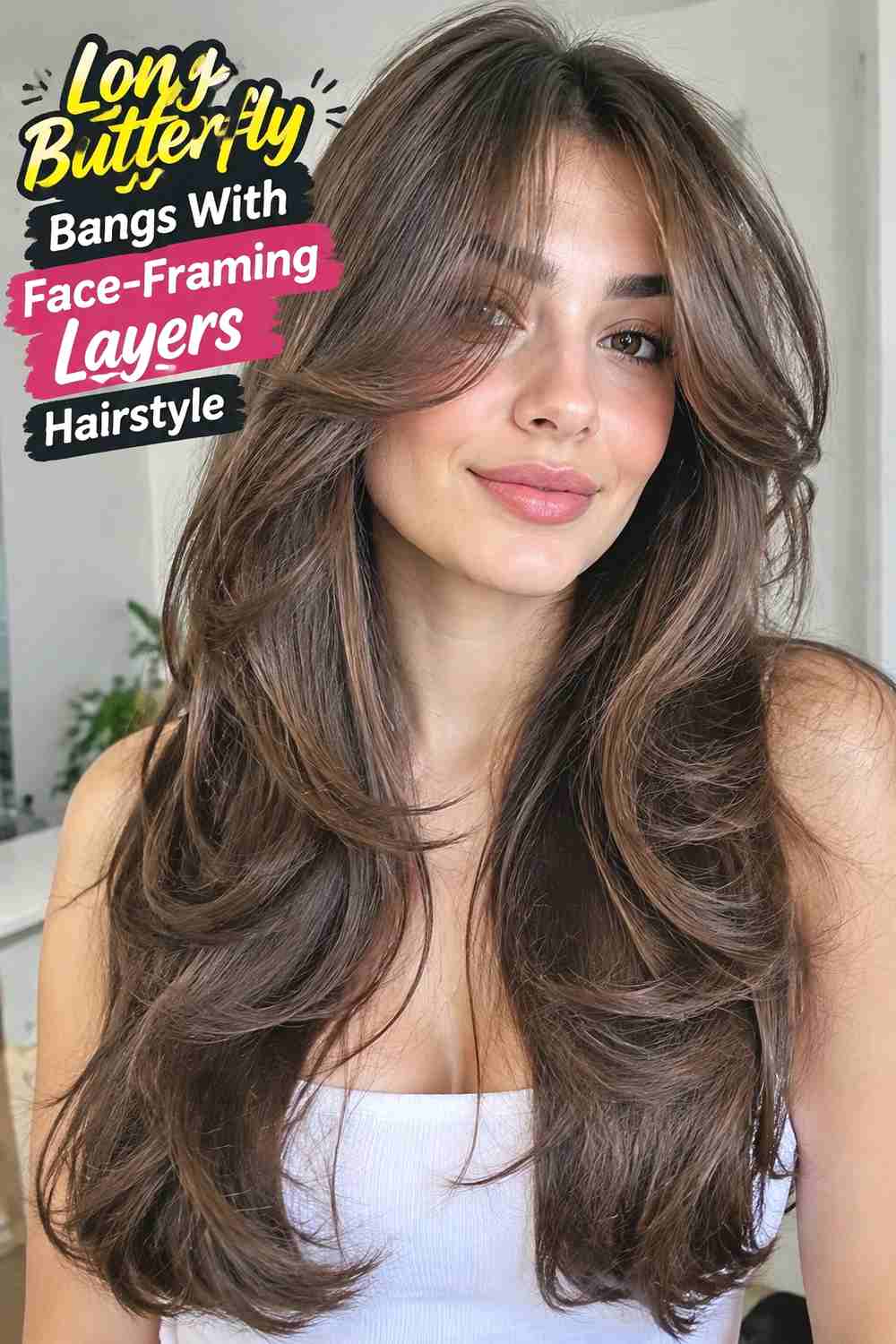 3. Long Butterfly Bangs With Face Framing Layers Hairstyle
