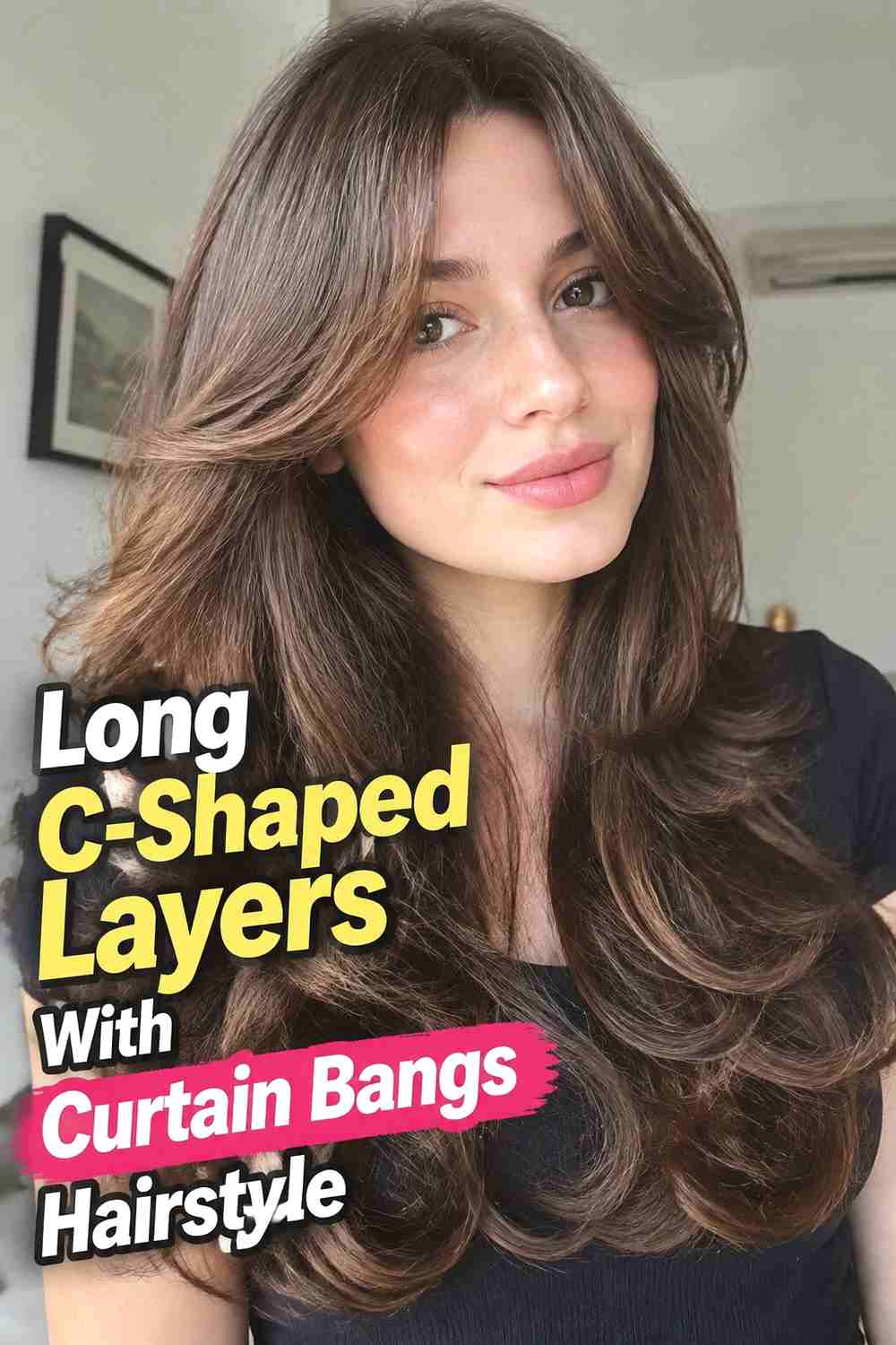 2. Long C Shaped Layers With Curtain Bangs Hairstyle