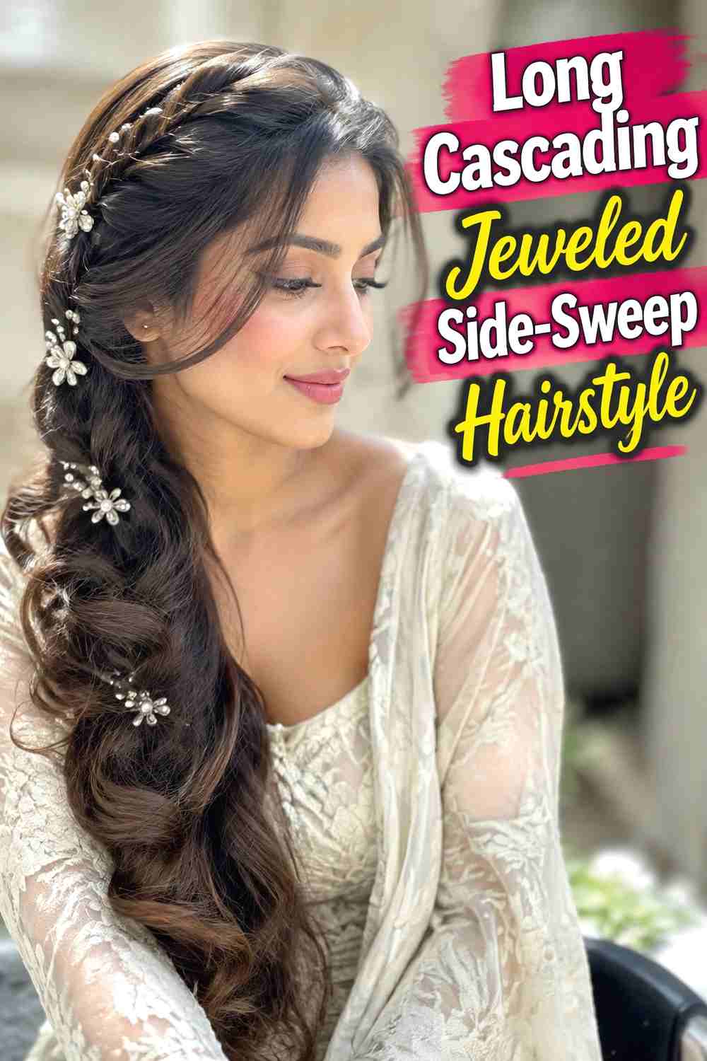 10. Long Cascading Jeweled Side Sweep Hairstyle