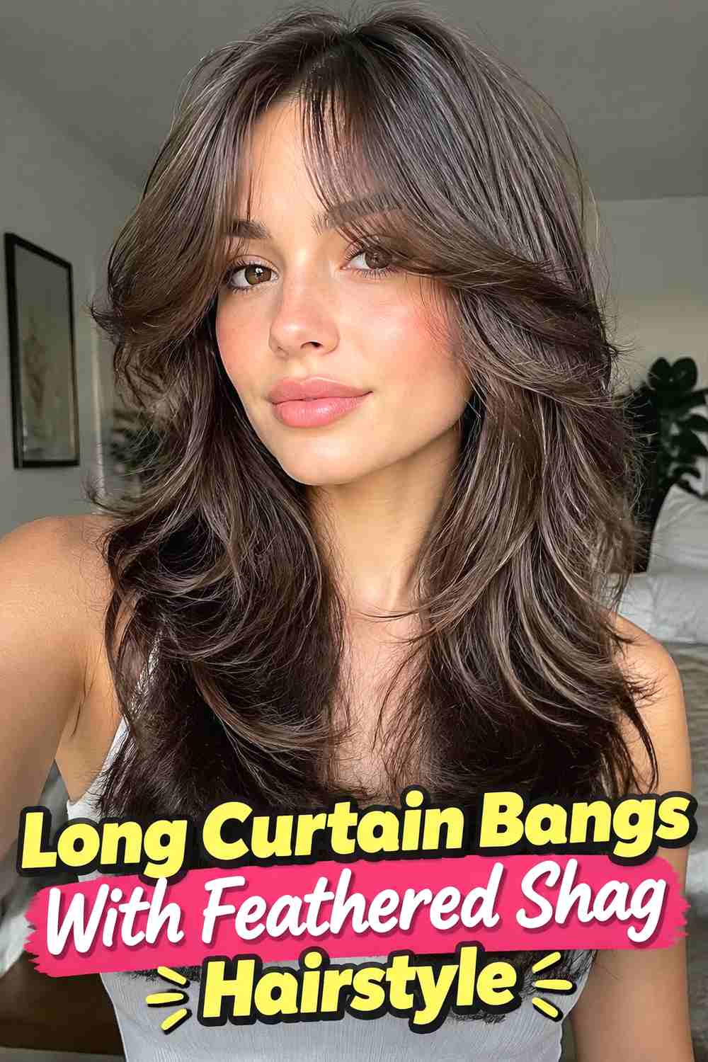 16. Long Curtain Bangs With Feathered Shag Hairstyle