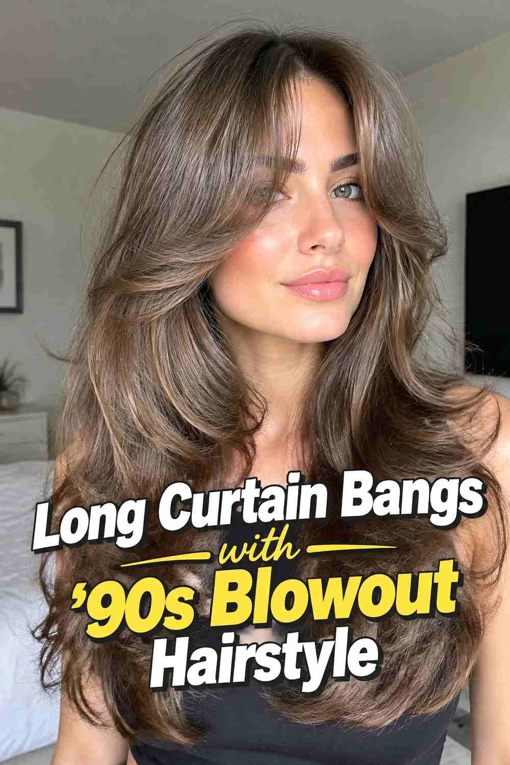 5. Long Curtain Bangs With 90s Blowout Hairstyle