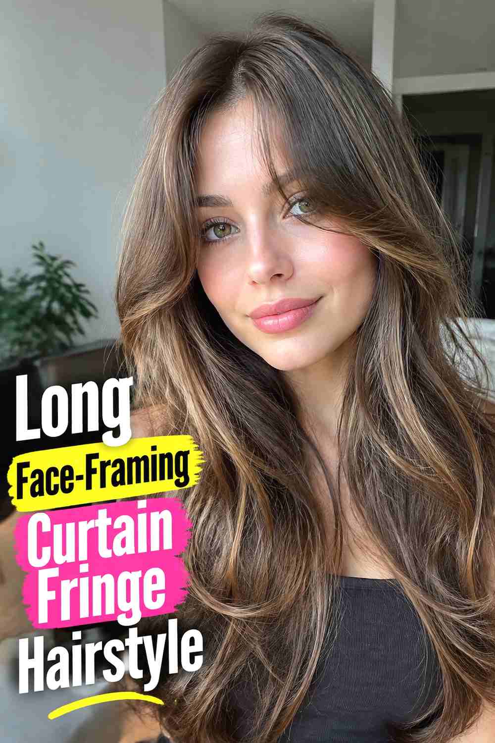 2. Long Face Framing Curtain Fringe Hairstyle