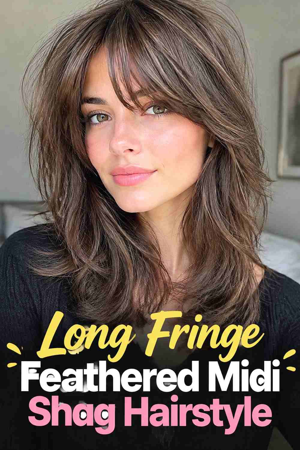 17. Long Fringe Feathered Midi Shag Hairstyle