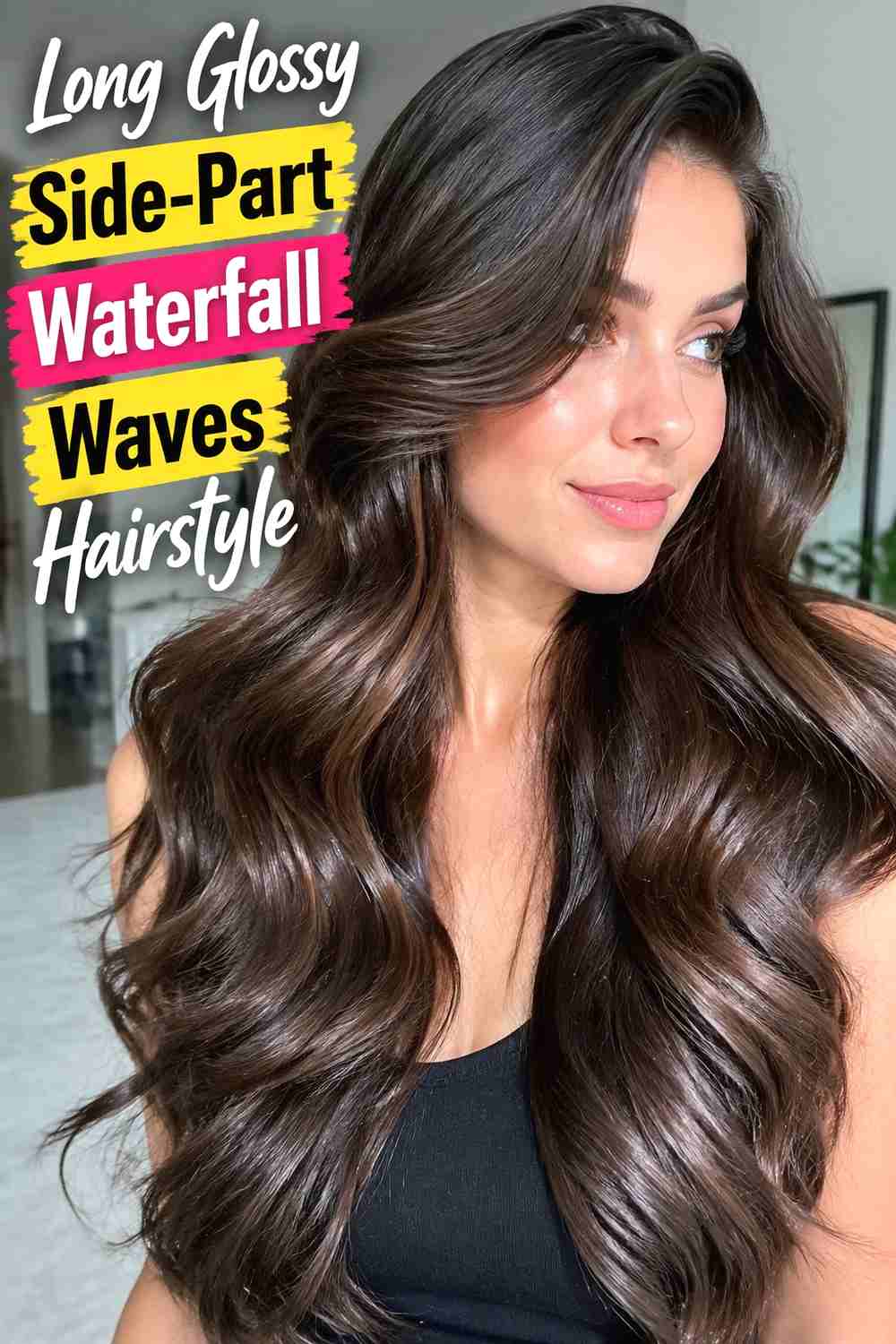 20. Long Glossy Side Part Waterfall Waves Hairstyle