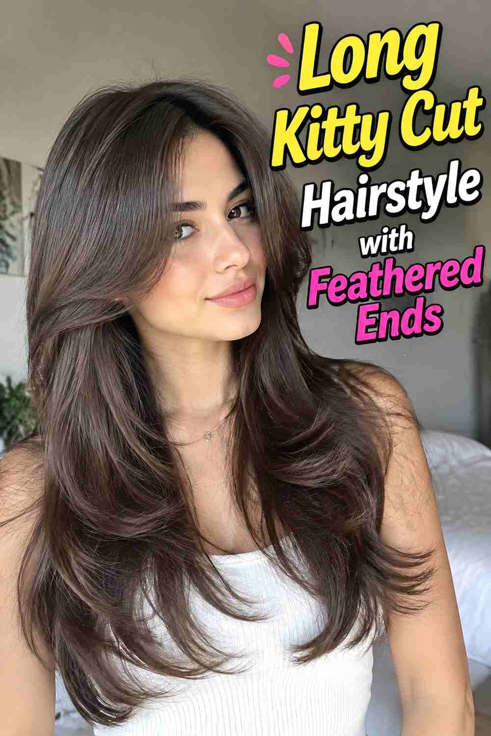 10. Long Kitty Cut Hairstyle With Feathered Ends