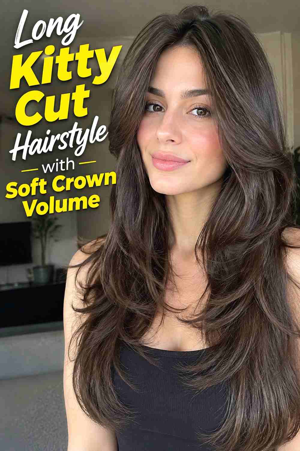 11. Long Kitty Cut Hairstyle With Soft Crown Volume
